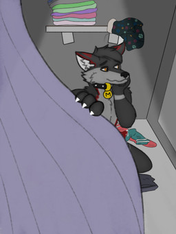 anthro bashful black_body black_fur bodily_fluids caught caught_in_the_act caught_masturbating cheek_tuft clothing collar collar_tag covering covering_self cum_soaked curtains curtains_open dripping ear_tuft embarrassed exhibitionism facial_tuft footwear fur genital_fluids genitals grey_body grey_fur hand_on_curtain hand_on_head hiding kneeling looking_away male mane masturbation nervous nervous_smile pawpads paws penis penis_tip precum precum_drip red_body red_fur socks solo spiked_collar spikes tuft underwear mafoowo max_harwell canid canine canis mammal wolf hi_res