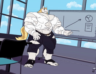 anthro big_bulge big_muscles bulge clothing growth huge_bulge huge_muscles hyper hyper_bulge hyper_muscles male muscle_growth muscular muscular_male office solo text torn_clothing parttimeyeen equid equine horse humanoid mammal animated english_text