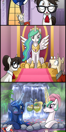 anthro bed bendy_straw beverage blue_eyes blue_hair blush brown_eyes brown_hair candle chair container cup cutie_mark drinking_straw eyeshadow eyewear feathered_wings feathers food furniture glasses glowing hair hair_bun horn hot_spring humor inside levitation magic makeup male one_eye_closed plushie purple_eyes sitting sparkles sun throne water waterfall wet_hair wings wink uotapo friendship_is_magic hasbro my_little_pony mythology princess_celestia_(mlp) princess_luna_(mlp) raven_inkwell_(mlp) tiberius_(mlp) american_opossum equid equine mammal marsupial mythological_creature mythological_equine virginia_opossum winged_unicorn 2014 absurd_res comic hi_res long_image tall_image