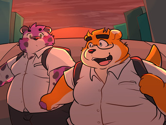 anthro backpack blush bottomwear clothing duo eyewear glasses hand_holding kemono male male/male outside overweight overweight_male pants shirt topwear qqmelon888 felid feline mammal mustelid otter 2021 4:3 absurd_res hi_res