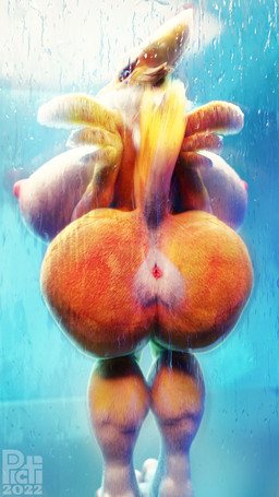 against_surface anus anus_only ass_on_glass big_breasts black_sclera blue_eyes breasts butt female fur genitals glass huge_breasts multicolored_body multicolored_fur nipples nude on_glass on_surface pink_nipples presenting presenting_anus presenting_hindquarters raised_tail shower solo tail two_tone_body two_tone_fur water yellow_body yellow_fur picti bandai_namco digimon canid digimon_(species) mammal renamon 3d_(artwork) absurd_res digital_media_(artwork) hi_res