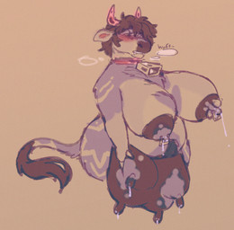 anthro bell bell_collar belly big_breasts bite biting_lip blush bodily_fluids body_hair breast_milking breasts breasts_and_teats chest_hair chest_tuft collar fangs female hairy happy_trail hooves horn huge_breasts lactating milk nipple_piercing nipples nude overweight piercing purple_body simple_background solo tail teats teeth text tuft udder_milking udders cowcollar bovid bovine cattle mammal digital_media_(artwork) english_text hi_res