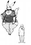 anthro anthrofied big_breasts blush bottomless breasts chuchu_(dragoon-rekka) cleavage cleft_tail clothed clothing dragoon-rekka duo fan_character female generation_1_pokemon genitals hi_res human male mammal monochrome nintendo pikachu pokemon pokemon_(species) pussy scientist size_difference sketch slightly_chubby tail thick_thighs wide_hips