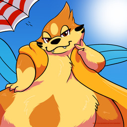 3_fingers biped black_nose blue_background blue_fin blue_fins brown_eyes cheek_tuft chest_tuft facial_tuft feral fingers fur gesture hand_gesture looking_at_viewer male nude orange_body orange_fur outside simple_background solo teeth thick_thighs tuft v_sign nugget_kun nintendo pokemon avian floatzel generation_4_pokemon pokemon_(species) 1:1 2019