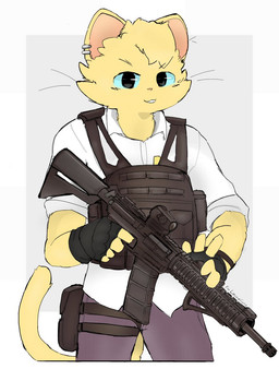 armor blue_eyes body_armor clothing ear_piercing fur gloves gun handwear holding_object holding_weapon looking_at_viewer m4a1 piercing plate_carrier ranged_weapon rifle rolled_up_sleeves simple_background weapon whiskers yellow_body yellow_fur ablazkowic29775 minecraftsteve42069 catz_(layzuhcatz) domestic_cat felid feline felis mammal hi_res