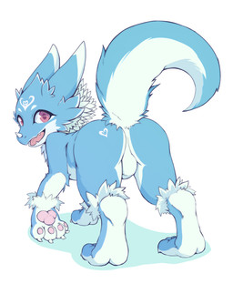ambiguous_gender ankle_tuft blue_body blue_fur butt butt_markings facial_markings featureless_crotch feral forehead_markings fur head_markings heart_(marking) kemono leg_tuft looking_at_viewer looking_back looking_back_at_viewer markings pawpads pink_eyes pink_pawpads raised_tail rear_view simple_background solo standing tail tuft white_background white_body white_fur rusho mythology dragon furred_dragon furred_scalie mythological_creature mythological_scalie scalie 2021 absurd_res hi_res