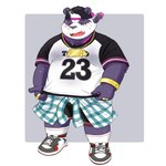 anthro black_nose blush bottomwear clothing fur hat headgear headwear humanoid_hands kemono male overweight overweight_anthro overweight_male purple_body purple_fur shirt shorts simple_background solo topwear white_body white_fur yaki_atsuage lifewonders tokyo_afterschool_summoners alp_(tas) bear giant_panda mammal 1:1 2021 hi_res