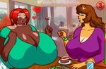 anthro big_breasts breasts cake cleavage clothed clothing dessert duo female food furniture hair heart_symbol huge_breasts hyper hyper_breasts lips markings mole_(marking) salad table chooy64 bovid caprine domestic_cat felid feline felis goat mammal hi_res