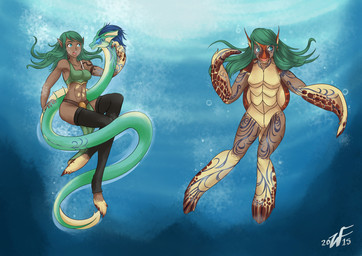 abs ambiguous_gender anthro before_and_after blue_eyes breasts clothing duo female glowing glowing_eyes green_hair hair humanoid_pointy_ears humanoid_to_anthro legwear open_mouth pointy_ears purple_hair shell smile species_transformation stockings surprised transformation underwater water witchfiend lyn_(z-ray) aquatic elf humanoid reptile scalie turtle 2015 absurd_res hi_res