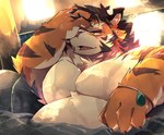 anthro bathing belly big_belly humanoid_hands kemono male musclegut muscular overweight overweight_male solo water boar_stag144 felid mammal pantherine tiger 2022 hi_res