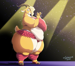 anthro belly big_belly big_breasts blonde_hair bottomwear bra bracelet breasts clapping clothing fat_arms female footwear fur hair hooves horn huge_breasts huge_thighs jewelry looking_down makeup mascara miniskirt multicolored_body multicolored_fur navel obese obese_anthro obese_female orange_body orange_fur overweight overweight_anthro overweight_female red_bra red_clothing red_underwear sandals shoes short_tail skirt smile solo spotlight tail thick_thighs two_tone_body two_tone_fur underwear white_body white_fur xxsparcoxx disney zootopia gazelle_(zootopia) antelope bovid gazelle mammal digital_media_(artwork) hi_res signature