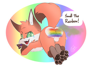 anthro anus backsack balls bodypaint brown_body brown_eyebrows brown_fur butt dialogue eyebrows fart fart_cloud fur genitals green_eyes green_fart_cloud lgbt_pride looking_at_viewer looking_back looking_back_at_viewer lying male nude nude_anthro nude_male on_front open_mouth open_smile orange_body orange_fur painted_butt pawpads perineum presenting presenting_anus presenting_balls presenting_hindquarters pride_colors rainbow_colors raised_eyebrow raised_tail smile solo speech_bubble tail talking_to_viewer text white_body white_fur young young_anthro young_male galo canid canine fox mammal 2025 absurd_res english_text hi_res signature