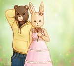 abstract_background aged_up anthro clothing dress duo female flower hoodie long_dress male plant topwear cappuccinobird maple_town bobby_(maple_town) patty_(maple_town) bear lagomorph leporid mammal rabbit