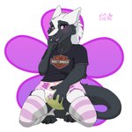 ambiguous_gender anthro bodily_fluids claws clothing diaper genital_fluids hand_on_diaper kneeling legwear looking_at_viewer open_mouth paws smile solo teeth thigh_highs tongue touching_diaper unclean_diaper urine used_diaper wet_diaper stargal_galexi harley_davidson sergal 1:1 hi_res