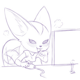 :3 anthro big_ears biped blush breath chair clothed clothing computer_mouse cute_fangs electronics fangs female furniture monitor motion_lines office_chair open_mouth open_smile simple_background sitting smile solo tail tail_motion tailwag teeth white_background plagueofgripes aggretsuko sanrio fenneko canid canine fennec_fox fox mammal true_fox 1:1 2018 hi_res monochrome purple_and_white