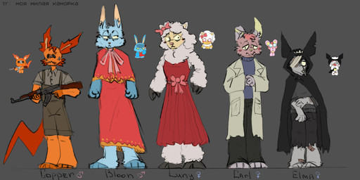 ak-47 ak_platform anthro assault_rifle band-aid bandage bandage_on_eye bandage_on_face barefoot blue_body blue_fur bottomwear boy_sign clothing dress feet female finger_on_the_trigger fingers front_view fur gender_symbol grey_background group gun holding_gun holding_object holding_ranged_weapon holding_weapon hooves male mouth_closed orange_body orange_fur pants pink_body pink_fur ranged_weapon rifle shirt simple_background standing symbol tail text topwear weapon white_body white_fur white_wool wool_(fur) wounded krisha288 pretty_blood bloon_(pretty_blood) carl_(pretty_blood) copper_(pretty_blood) elma_(pretty_blood) luny_(pretty_blood) bat bovid caprine lagomorph leporid malino mammal rabbit sheep 2024 2:1 absurd_res digital_media_(artwork) english_text hi_res reference_image