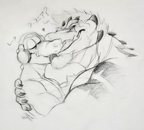 anthro anthro_on_anthro duo electronics eyes_closed facial_piercing hair headphones kissing lip_piercing lip_ring male male/male muscular muscular_anthro muscular_male narrowed_eyes open_mouth piercing ring_piercing short_hair side_view crazydrak alex_(jrbart) k0bit0wani_(character) crocodile crocodilian reptile scalie 2022 dated hi_res monochrome sketch traditional_media_(artwork)