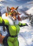 anthro clothing female green_clothing green_suit grey_eyes hair jumpsuit long_hair looking_at_viewer mask mountain orange_hair plant selfie snow snow_on_fur solo suit tree lostgoose canid canine fox mammal red_fox true_fox 2024 hi_res