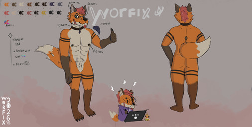 anthro beard black_pawpads chibi claws collar eyewear facial_hair front_view fur fur_markings glasses male markings muscular muscular_male pawpads piercing plantigrade rear_view scar solo text tongue worfix worfix_(character) canid canine fox mammal red_fox true_fox english_text hi_res model_sheet