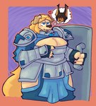 anthro armor blep blonde_hair breastplate breasts cleavage clothed clothing female fur hair heart_symbol shield solo tan_body tan_fur thought_bubble tongue tongue_out tower_shield cabl dog_knight_rpg jeane_(ceehaz) rory_(ceehaz) bird_dog canid canine canis domestic_dog golden_retriever hunting_dog mammal retriever 2024 absurd_res hi_res