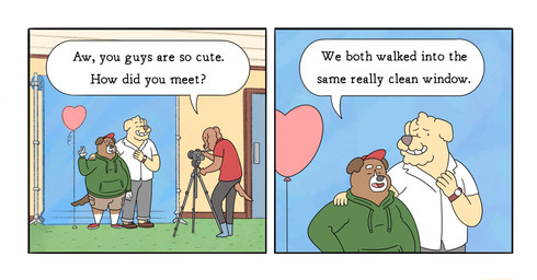 anthro belly big_belly black_nose bottomwear brown_body camera clothing dialogue eyes_closed group hat headgear headwear heart_symbol hoodie humanoid_hands male male/male overweight overweight_male pants shirt text topwear lukehealy canid canine canis domestic_dog mammal 2022 comic english_text hi_res