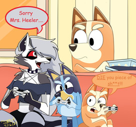angry annoyed anthro babysitter censored_profanity controller dialogue female furniture game_controller group laundry_basket nervous nervous_smile sofa speech_bubble starpaintart bluey_(series) hellaverse helluva_boss mythology bingo_heeler bluey_heeler chilli_heeler loona_(helluva_boss) australian_cattle_dog canid canid_demon canine canis cattledog demon domestic_dog hellhound herding_dog mammal mythological_canine mythological_creature pastoral_dog wolf absurd_res comic crossover hi_res