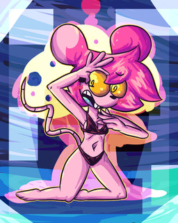 anthro bikini clothed clothing eyewear female glasses hair kneeling nerd pink_body pink_hair solo surprised swimwear two-piece_swimsuit aks muffin_(goommymuffin) mammal mouse murid murine rodent 4:5 absurd_res hi_res