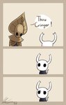 2_horns 3_panel_comic ambiguous_gender biped black_eyes black_text cloak clothing dialogue duo exclamation_point eyebrows horn looking_at_another mask melee_weapon nail_(weapon) simple_background speech_bubble standing talking_to_another text weapon weapon_on_back white_head cottoncatrie hollow_knight team_cherry godseeker_(hollow_knight) the_knight_(hollow_knight) arthropod vessel_(species) 2019 comic digital_media_(artwork) english_text hi_res signature