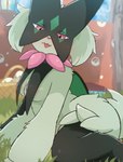 anthro areola breasts day female green_body looking_at_viewer medium_breasts outside purple_eyes solo tongue tongue_out rumine nintendo pokemon generation_9_pokemon meowscarada pokemon_(species) hi_res