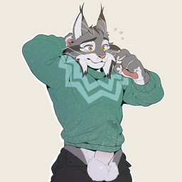 anthro balls big_balls big_penis blush bodily_fluids bottomwear bulge cheek_tuft clothed clothing detailed_bulge erection facial_tuft fur genital_fluids genital_outline genitals green_clothing green_sweater green_topwear grey_body grey_fur humanoid_genitalia humanoid_penis male male_anthro open_bottomwear open_clothing open_pants pants penis penis_outline precum precum_through_clothing simple_background solo sweater topwear tuft wet wet_clothing whiskers peapeafur disney zootopia pawbert_lynxley canada_lynx felid feline lynx mammal hi_res
