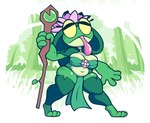 anthro bottomwear breasts cleavage clothed clothing female forest forest_background loincloth nature nature_background navel non-mammal_breasts plant slightly_chubby solo thick_thighs tongue tongue_out tree screwroot fae_(screwroot) amphibian frog 2020 alternate_version_at_source digital_media_(artwork) hi_res