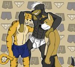 anthro arm_around_shoulders black_body black_boxer_briefs black_clothing black_fur black_hair black_underwear blue_boxer_briefs blue_clothing blue_underwear boxer_briefs boxer_briefs_only boxers_(clothing) boxers_only briefs briefs_only brown_body brown_fur bulge button_(fastener) clothed clothing detailed_bulge eyes_closed fur green_eyes group hair hug male open_mouth red_eyes smile stripes teeth_showing tighty_whities topless trio underwear underwear_only white_briefs white_clothing white_hair white_underwear yellow_sclera doggieo canid canine canis domestic_dog felid mammal mastiff molosser pantherine rottweiler tiger