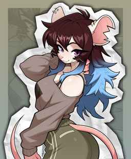 anthro big_ears blue_hair bottomwear brown_hair buckteeth butt clothed clothed_anthro clothed_female clothing female freckled_face freckled_shoulders freckles fully_clothed fully_clothed_anthro fully_clothed_female fur furgonomic_bottomwear furgonomics gradient_hair hair hairless_tail looking_at_viewer notched_ear pants purple_eyes shoulderless_sweater solo sweatpants tail teeth white_body white_fur budoti minna_(cosmic_logem) mammal mouse murid murine rodent 2025 absurd_res digital_media_(artwork) hi_res portrait