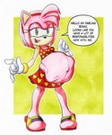 abdominal_bulge anthro anthro_pred belly big_belly dialogue duo female female_pred fully_inside greeting male male/female oral_vore same_size_vore speech_bubble text vore killboo sega sonic_the_hedgehog_(series) amy_rose miles_prower eulipotyphlan hedgehog mammal 5:6 english_text hi_res