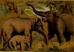 ambiguous_gender feral group open_mouth plant proboscis_(anatomy) quadruped tail trunk_(anatomy) tusks young young_feral hugh_craig public_domain elephant elephantid mammal proboscidean 1897 19th_century ancient_art hi_res traditional_media_(artwork)