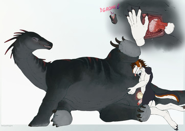 anthro black_body black_claws black_fur black_scales brown_body brown_fur claws duo egg erection female feral fur genitals grey_eyes knot larger_penetrated male male/female oviposition penetration penis pink_knot pink_penis scales size_difference vaginal vaginal_penetration white_body white_fur herpydragon amargasaurus canid dicraeosaurid dinosaur diplodocoid mammal prehistoric_species reptile saurischian sauropod sauropodomorph scalie hi_res