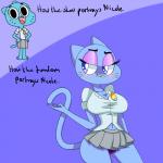 anthro big_breasts blue_body blue_fur bottomwear breasts cleavage clothed clothing female fur looking_back mature_anthro mature_female navel panties skirt solo underwear flutteringpie cartoon_network the_amazing_world_of_gumball nicole_watterson domestic_cat felid feline felis mammal 1:1