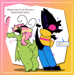 anthro ass_to_ass big_butt black_body black_fur blonde_highlights blush border bottomwear breasts breath butt butt_size_difference butt_squish clothing comparing_butts denim denim_bottomwear denim_clothing dialogue duo embarrassed fake_antennae female fur gradient_background green_body hair highlights_(coloring) hoodie interrobang jeans male male/female nipples non-mammal_breasts non-mammal_nipples open_mouth pants pink_hair question_mark simple_background small_butt squish tail teeth text topwear window_(computing) pawplants marcy_(pawplants) veecee alligator alligatorid crocodilian reptile scalie void_fluff 2022 digital_media_(artwork) english_text hi_res