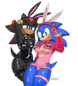 anthro black_body black_fur black_nose blep blue_body blue_fur breasts clothing cropped_jacket crossgender duo electronics fake_ears fake_rabbit_ears female flower_accessory fur garter_belt garter_straps glistening glistening_breasts glistening_clothing glistening_thighs green_eyes hand_behind_own_head headphones heart_symbol latex latex_clothing mtf_crossgender pink_tongue red_body red_eyes red_fur short_tail simple_background tail tan_body tan_inner_ear text tongue tongue_out white_background arrow_hearted arrowmarrow sega sonic_the_hedgehog_(series) shadow_the_hedgehog sonic_the_hedgehog eulipotyphlan hedgehog mammal 2026 absurd_res digital_drawing_(artwork) digital_media_(artwork) english_description english_text hi_res