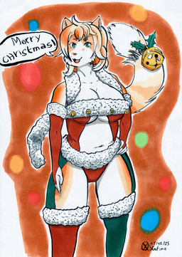 accessory anthro bell big_breasts breasts christmas_clothing clothing countershade_fur countershading female fur furgonomics green_eyes hair hand_on_hip holidays holly_(plant) holly_on_tail looking_at_viewer mature_anthro mature_female navel open_mouth orange_body orange_fur orange_hair plant pose sexy_santa slightly_chubby slightly_chubby_female smile smiling_at_viewer solo standing tail tail_accessory tail_bell thick_thighs under_boob white_body white_fur wide_hips xefino christmas akizuki_(xefino) calico_cat domestic_cat felid feline felis mammal absurd_res hi_res