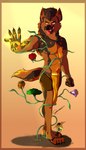 anthro black_body black_fur bodypaint bottomwear brown_body brown_fur clothing flower full_body_view fur loincloth lore male plant simple_background smile solo sorcery tongue tongue_out depictionexpress zahur_(depictionexpress) hyena mammal werecreature werehyena