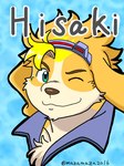 anthro blonde_hair eyewear floppy_ears goggles green_eyes hair male one_eye_closed smile solo text wink mazamaza2016 lifewonders live_a_hero hisaki_(live_a_hero) canid canine canis domestic_dog mammal 3:4 bust_portrait english_text portrait