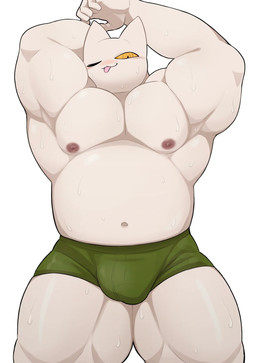 anthro belly big_muscles blush blush_lines bodily_fluids bottomwear bulge clothed clothing glistening glistening_body green_clothing green_underwear male musclegut muscular muscular_anthro muscular_male navel nipples noseless one_eye_closed overweight overweight_male partially_clothed pecs pointy_ears quads raised_arms simple_background smile solo stocky sweat tongue tongue_out underwear white_background white_body white_skin wink yellow_eyes oyasmis miya_(oyasmis) domestic_cat felid feline felis mammal hi_res