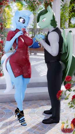 anthro asian_clothing big_breasts biped blue_body breasts chinese_clothing chinese_dress clothed clothing detailed_background dress duo east_asian_clothing eyelashes female footwear hair high_heels horn male male/female membrane_(anatomy) membranous_wings outside pupils shoes thick_thighs three-quarter_view wings loveslove friendship_is_magic hasbro my_little_pony mythology trixie_(mlp) bat_pony equid equine mammal mythological_creature mythological_equine unicorn 3d_(artwork) 4k 9:16 absurd_res digital_media_(artwork) hi_res
