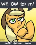 4:5 applejack_(mlp) blonde_hair clothing cowboy_hat earth_pony english_text equid equine eyelashes female feral friendship_is_magic green_eyes hair happy_birthday hasbro hat headgear headwear hooves horse mammal my_little_pony pokehidden pony ponytail pose quadruped rosie_the_riveter signature solo text we_can_do_it!