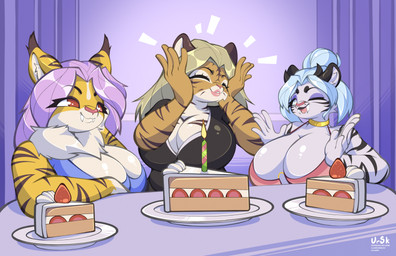 5_fingers anthro big_breasts blonde_hair blue_hair breasts cake cake_slice cleavage clothed clothing dessert eyelashes eyes_closed fangs female fingers food fruit fur furniture group hair hair_bun huge_breasts inside lips long_eyelashes long_hair looking_at_another markings one_eye_closed pink_hair pink_lips pink_nose plant sabertooth_(anatomy) size_difference strawberry striped_body striped_fur striped_markings stripes table teeth topwear trio ursk felid mammal pantherine prehistoric_species saber-toothed_tiger tiger cel_shading colored digital_drawing_(artwork) digital_media_(artwork) hi_res shaded
