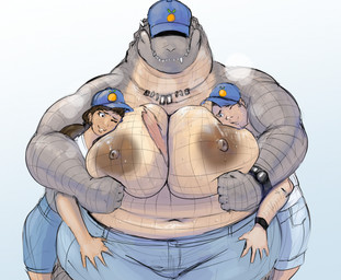 5_fingers anthro baseball_cap big_breasts bisexual bodily_fluids bottomwear breasts brown_hair clock clothed clothing denim denim_bottomwear denim_clothing female female/female fingers group hair hat headgear headwear huge_breasts human_on_anthro interspecies jeans leg_grab long_hair male male/female midriff navel nipples non-mammal_breasts non-mammal_nipples overweight overweight_anthro overweight_female pants ponytail sharp_teeth shirt simple_background sweat teeth text thick_thighs thigh_grab topless topwear trio watch white_background wide_hips doctordj amelia_(doctordj) alligator alligatorid crocodilian human mammal reptile scalie english_text hi_res