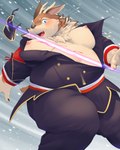 anthro big_moobs blood blush bodily_fluids clothing cutting_clothing embarrassed horn male moobs nipples overweight overweight_male solo torn_clothing wounded nameko_no_neko tamacolle kazusa deer mammal 4:5 absurd_res hi_res