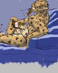 anthro balls belly blue_sofa brown_body brown_fur butt erection extreme_size_difference eyes_closed feet fur furniture genitals group head_first lying macro male male/male masturbating_pred masturbating_with_prey_in_hand masturbation micro nude nude_pred oral_vore size_difference sofa tail tongue trio vore yellow_body yellow_fur jeri_kleinlowe cheetah felid feline mammal mouse murid murine rodent 4:5 colored