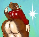 anthro big_butt blue_background blue_eyes brown_body brown_hair butt christmas_clothing clothing female hair half_naked half_naked_female hands_on_hips heart_symbol holidays long_hair makeup overweight simple_background slightly_chubby solo star sweater tail thick_body thick_thighs topwear white_hands wide_hips winter brown_wolf57 christmas canid canine canis collie domestic_dog herding_dog humanoid mammal pastoral_dog sheepdog hi_res